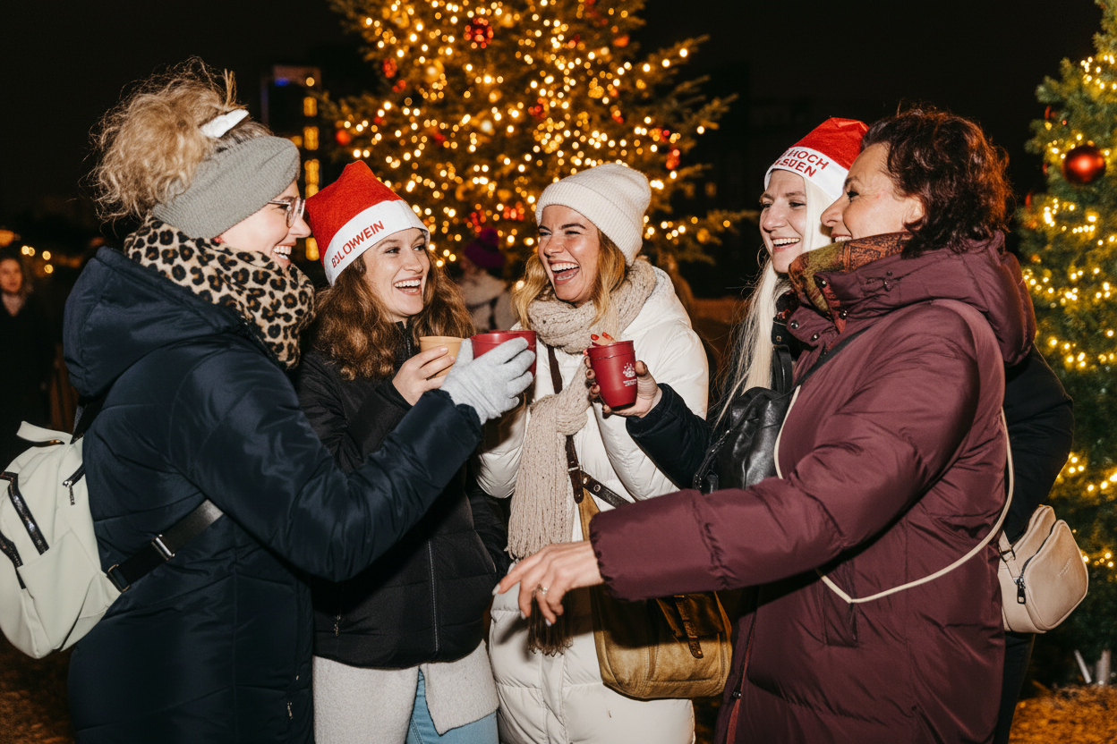 Gäste mit Glühwein am Weihnachtsbaum bei Oh Du Schöneweide