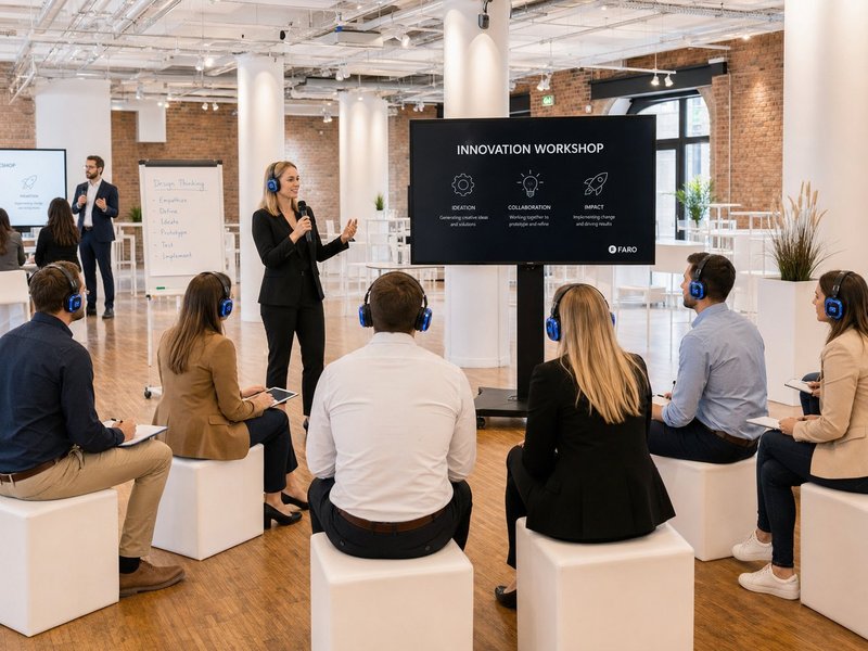 Innovation Workshop: Teilnehmende mit Funkkopfhörern auf weißen Hockern (KI-generierte Darstellung)