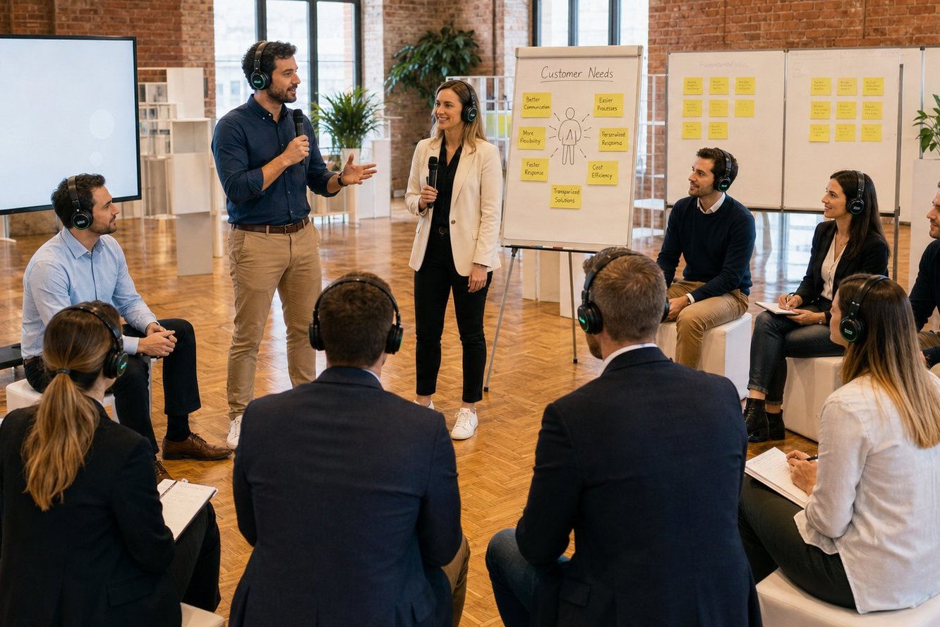 Workshop-Agenda auf dem Bildschirm, Gruppe mit Funkkopfhörern sitzt im Kreis (KI-generierte Darstellung)