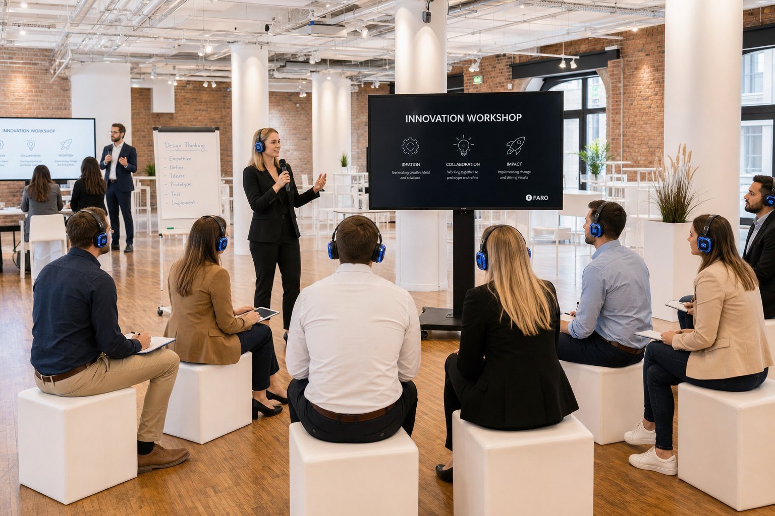 Innovation Workshop: Teilnehmende mit Funkkopfhörern auf weißen Hockern hören einer Referentin zu (KI-generierte Darstellung)